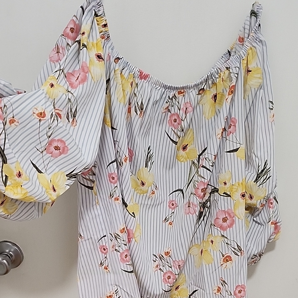 CeCe Striped Floral Off-Shoulder Blouse